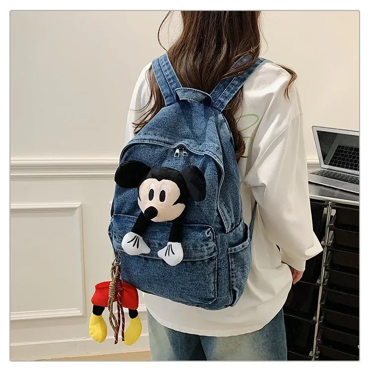 Tas Ransel Wanita Bahan Denim Polos Warna Biru Bentuk Kotak Tali Lebar Resleting Warna Hitam