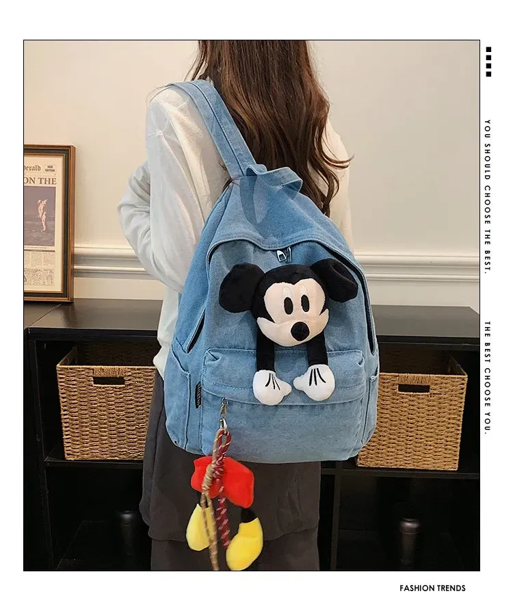 Tas Ransel Wanita Bahan Denim Polos Warna Biru Bentuk Kotak Tali Lebar Resleting Warna Hitam