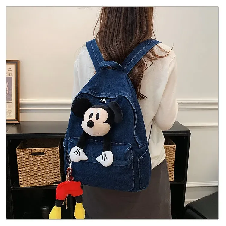 Tas Ransel Wanita Bahan Denim Polos Warna Biru Bentuk Kotak Tali Lebar Resleting Warna Hitam