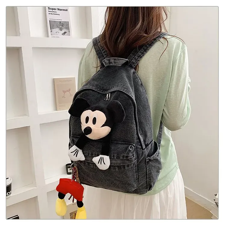 Tas Ransel Wanita Bahan Denim Polos Warna Biru Bentuk Kotak Tali Lebar Resleting Warna Hitam