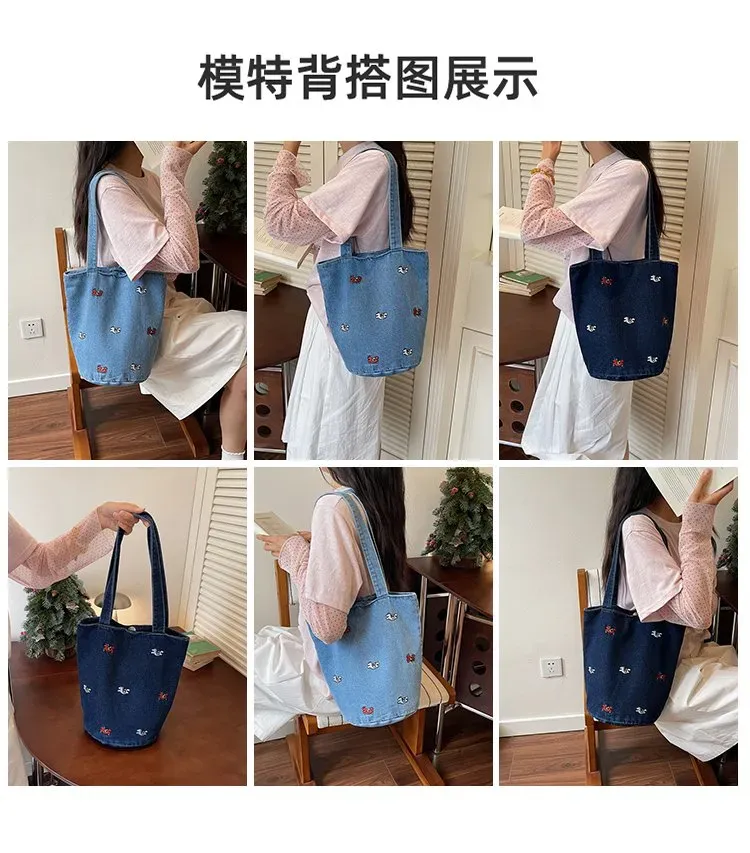 Tas Bucket Wanita Bahan PU Sintetis Motif Print Warna Biru Bentuk Bucket Tali Katalog Grosir