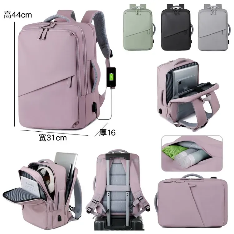Tas Ransel Wanita Bahan Nylon Polos Warna Pink Bentuk Kotak Tali Lebar Resleting untuk Toko
