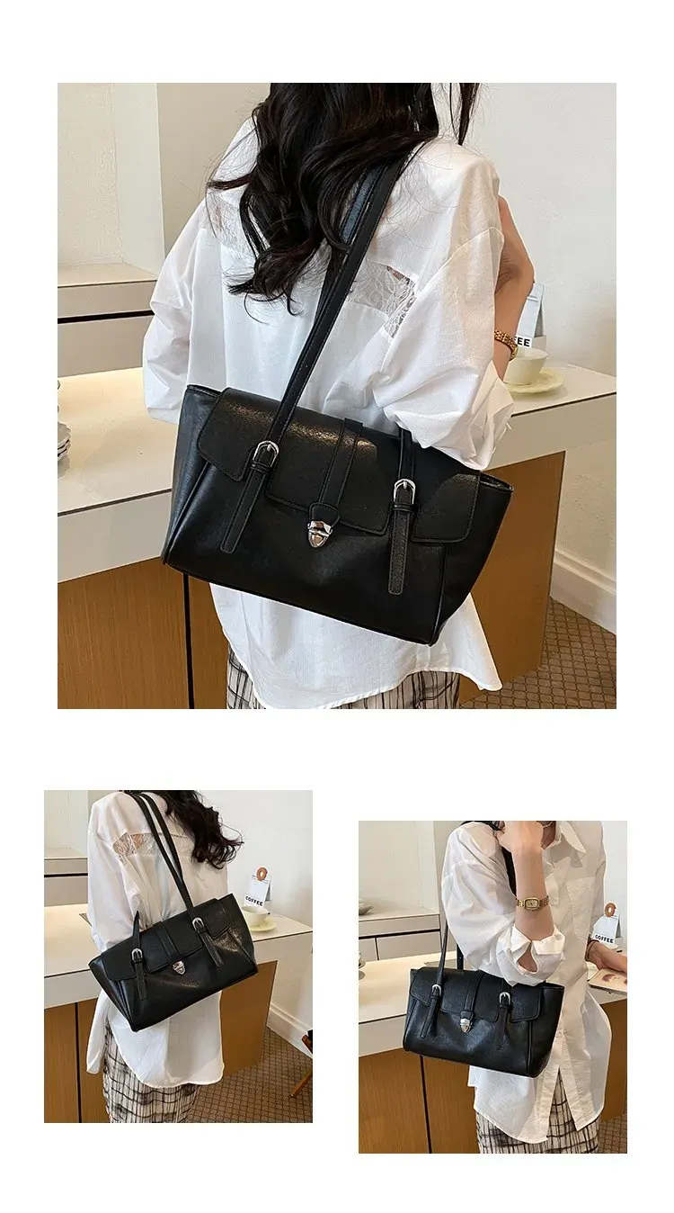Tas Selempang Wanita Bahan PU Sintetis Polos Warna Hitam Bentuk Kotak Tali Lebar Stok Grosir