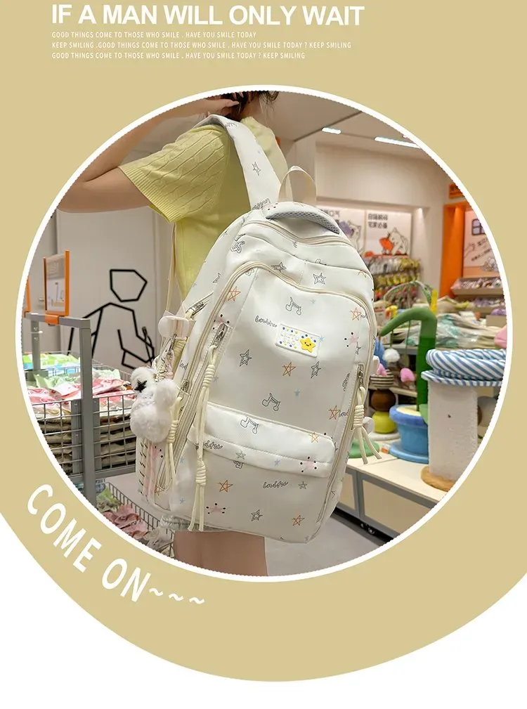 Tas Ransel Wanita Bahan Nylon Motif Print Warna Biru Bentuk Kotak Tali Lebar Harga Grosir
