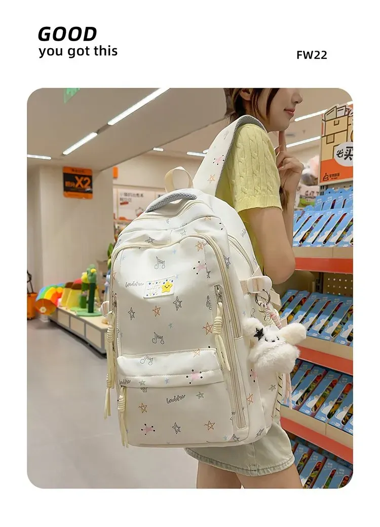 Tas Ransel Wanita Bahan Nylon Motif Print Warna Biru Bentuk Kotak Tali Lebar Harga Grosir