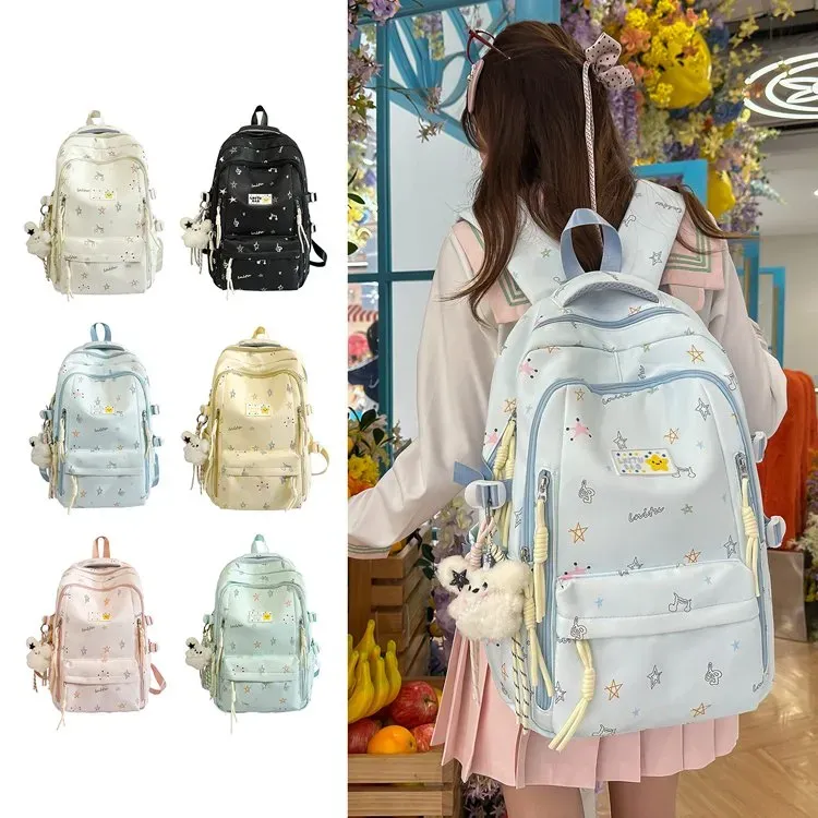 Tas Ransel Wanita Bahan Nylon Motif Print Warna Biru Bentuk Kotak Tali Lebar Harga Grosir