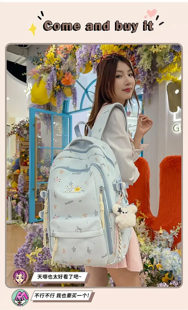 Tas Ransel Wanita Bahan Nylon Motif Print Warna Biru Bentuk Kotak Tali Lebar Harga Grosir