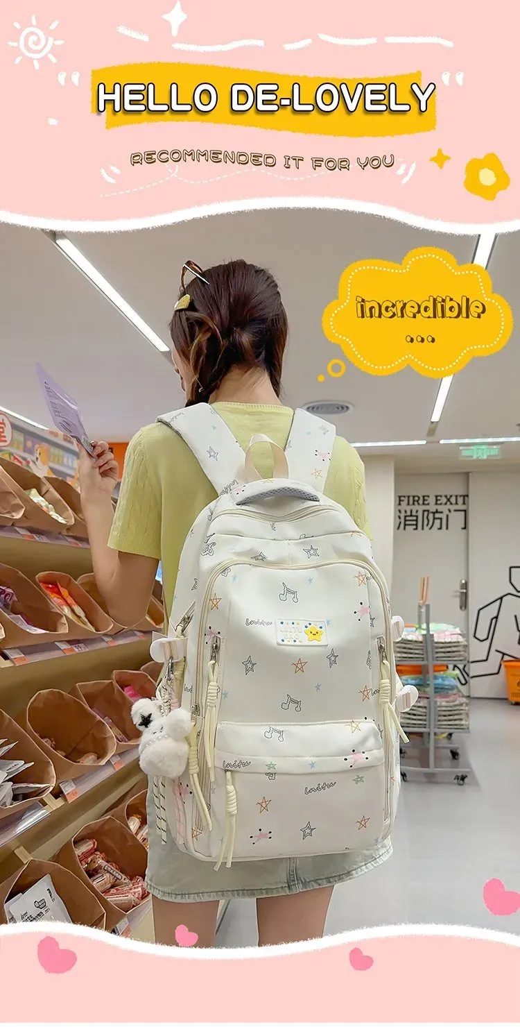 Tas Ransel Wanita Bahan Nylon Motif Print Warna Biru Bentuk Kotak Tali Lebar Harga Grosir