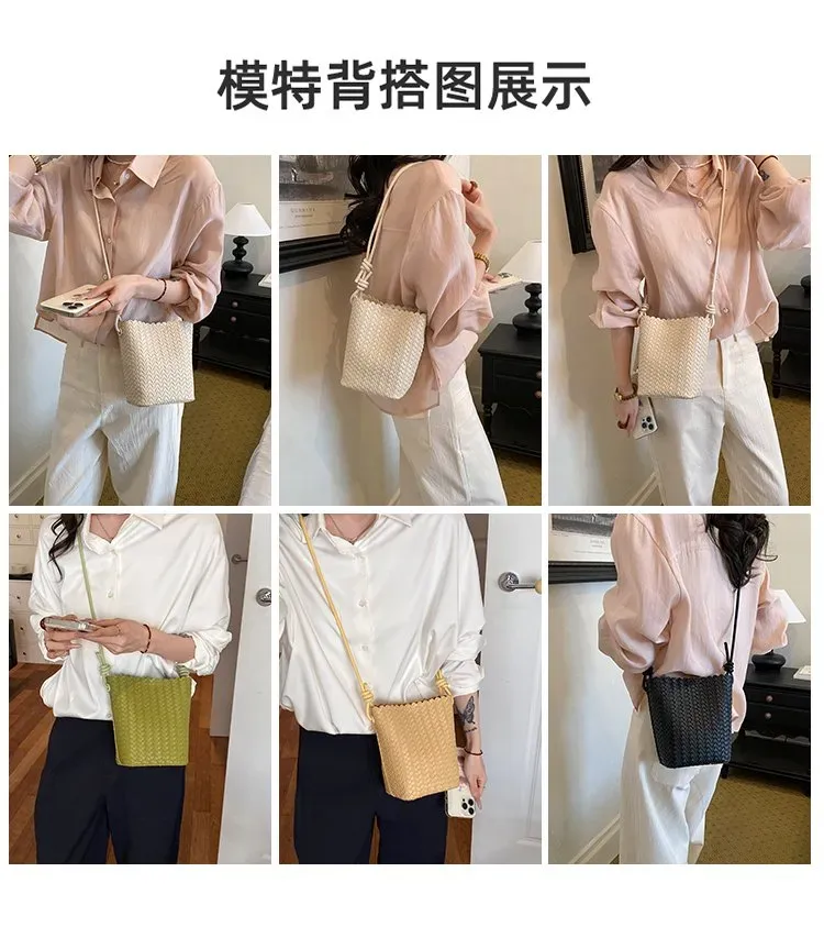 Tas Selempang Wanita Bahan PU Sintetis Tekstur Anyam Warna Hitam Bentuk Kotak Resleting Grosir