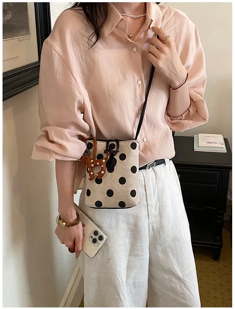 Tas Selempang Wanita Bahan PU Sintetis Motif Polkadot Warna Hitam Bentuk Kotak Resleting