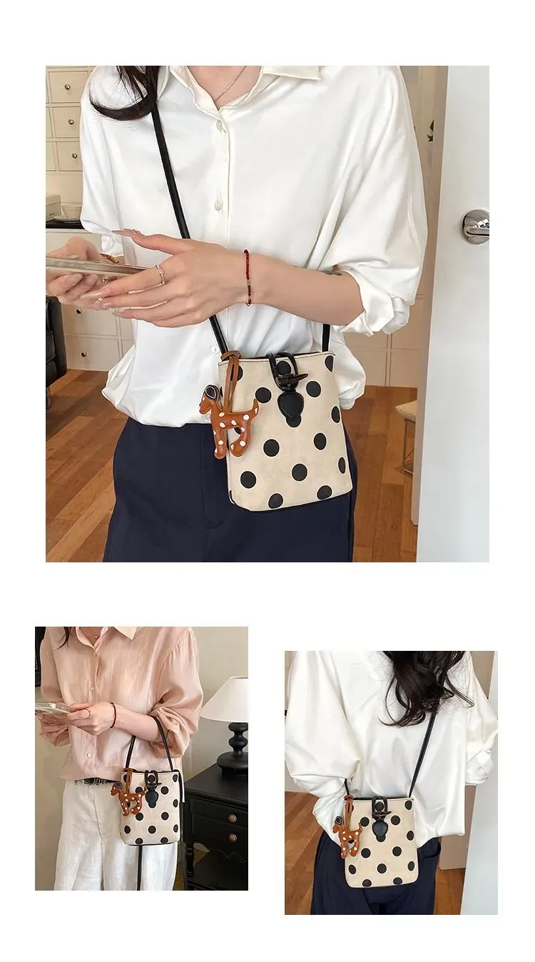 Tas Selempang Wanita Bahan PU Sintetis Motif Polkadot Warna Hitam Bentuk Kotak Resleting