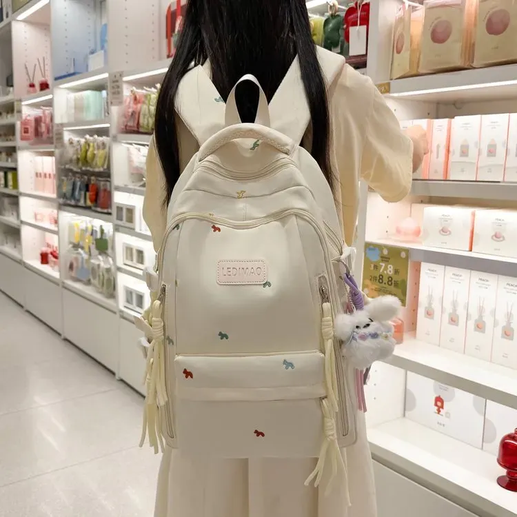 Tas Ransel Wanita Polos Bentuk Kotak Tali Lebar Resleting untuk Sekolah Motif Print Grosir