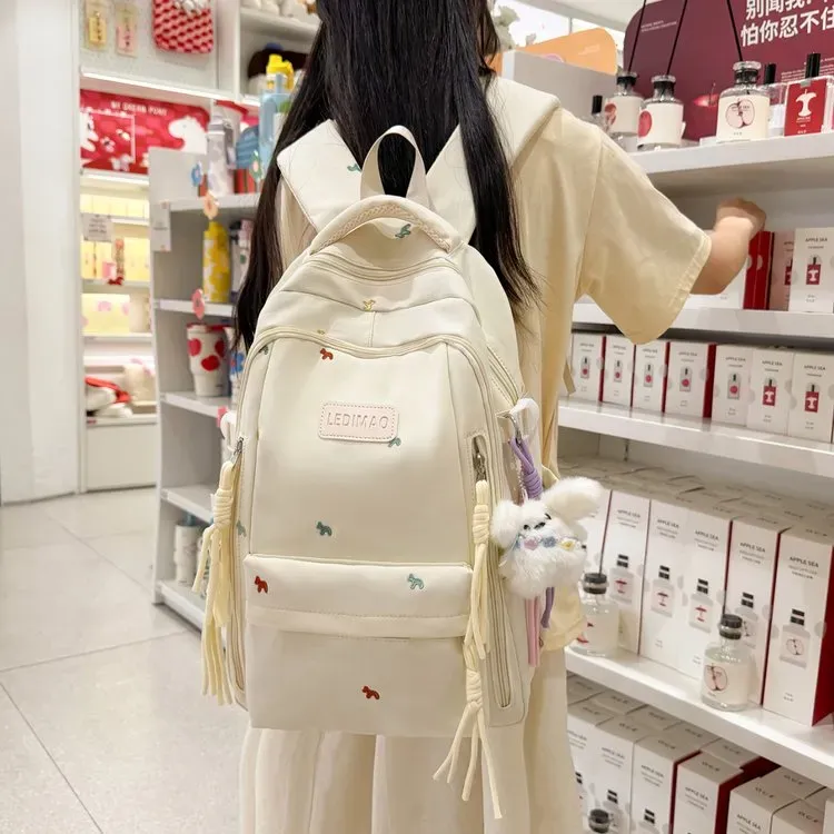 Tas Ransel Wanita Polos Bentuk Kotak Tali Lebar Resleting untuk Sekolah Motif Print Grosir