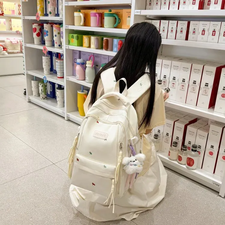 Tas Ransel Wanita Polos Bentuk Kotak Tali Lebar Resleting untuk Sekolah Motif Print Grosir
