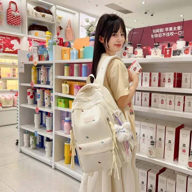 Tas Ransel Wanita Polos Bentuk Kotak Tali Lebar Resleting untuk Sekolah Motif Print Grosir