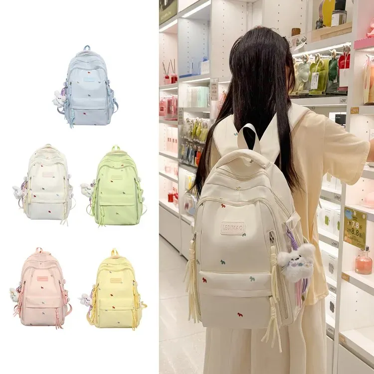 Tas Ransel Wanita Polos Bentuk Kotak Tali Lebar Resleting untuk Sekolah Motif Print Grosir