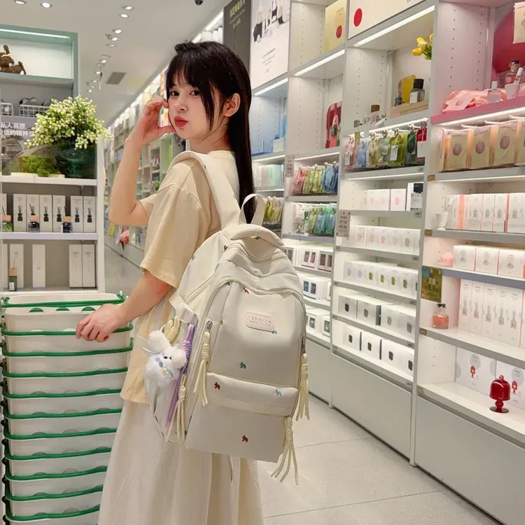 Tas Ransel Wanita Polos Bentuk Kotak Tali Lebar Resleting untuk Sekolah Motif Print Grosir
