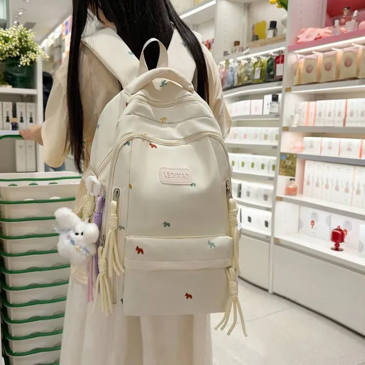 Tas Ransel Wanita Polos Bentuk Kotak Tali Lebar Resleting untuk Sekolah Motif Print Grosir