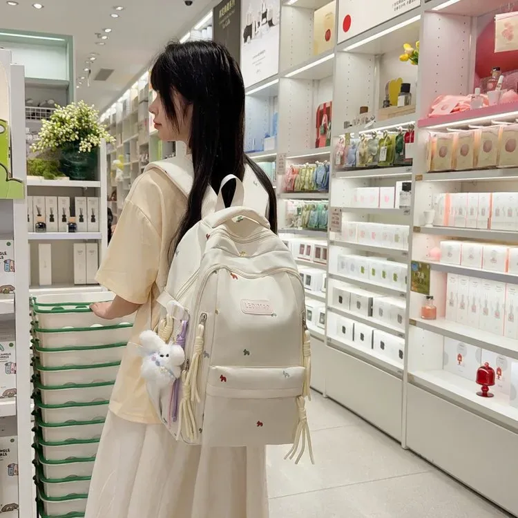 Tas Ransel Wanita Polos Bentuk Kotak Tali Lebar Resleting untuk Sekolah Motif Print Grosir