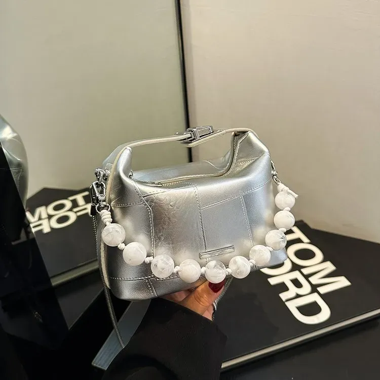 Tas Selempang Wanita Bahan PU Sintetis Polos Warna Silver Bentuk Kotak Tali Warna Pink Grosir