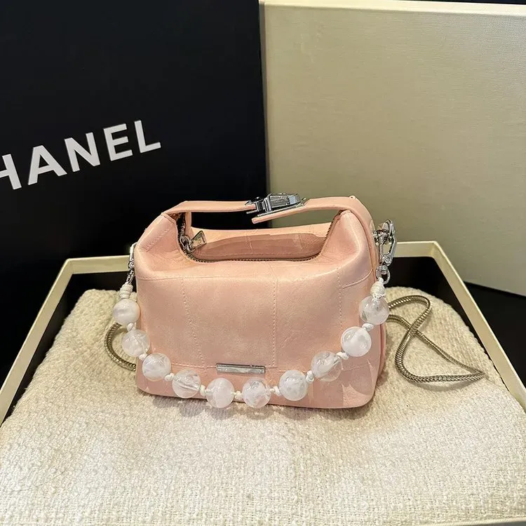 Tas Selempang Wanita Bahan PU Sintetis Polos Warna Silver Bentuk Kotak Tali Warna Pink Grosir