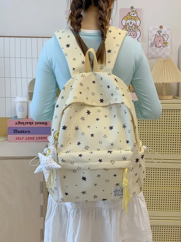 Tas Ransel Wanita Bahan Kain Motif Bintang Warna Biru Bentuk Kotak Tali Lebar Grosir Import