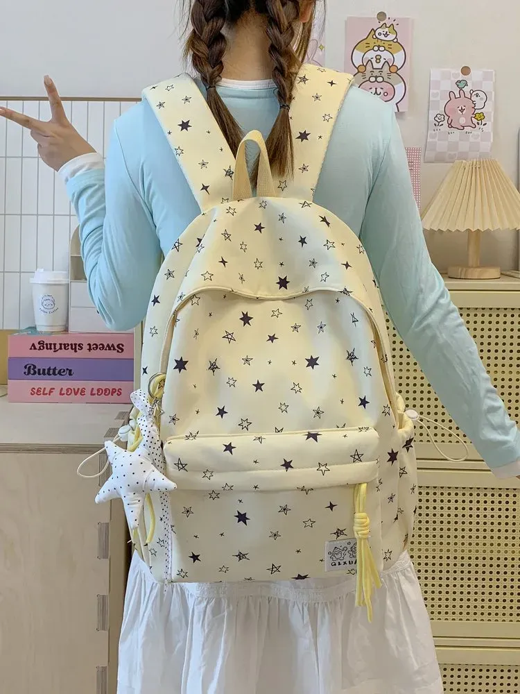 Tas Ransel Wanita Bahan Kain Motif Bintang Warna Biru Bentuk Kotak Tali Lebar Grosir Import