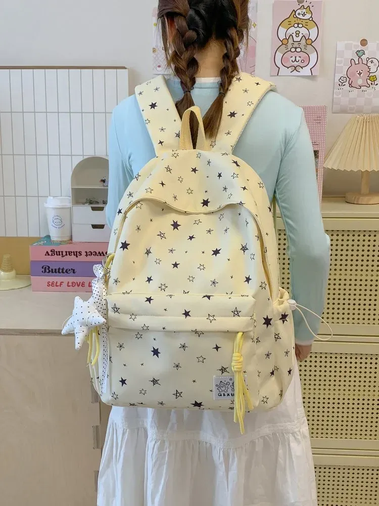 Tas Ransel Wanita Bahan Kain Motif Bintang Warna Biru Bentuk Kotak Tali Lebar Grosir Import
