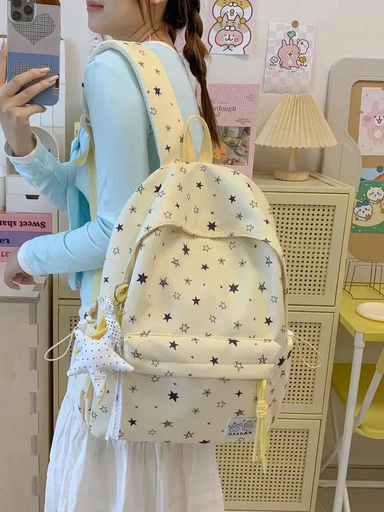 Tas Ransel Wanita Bahan Kain Motif Bintang Warna Biru Bentuk Kotak Tali Lebar Grosir Import