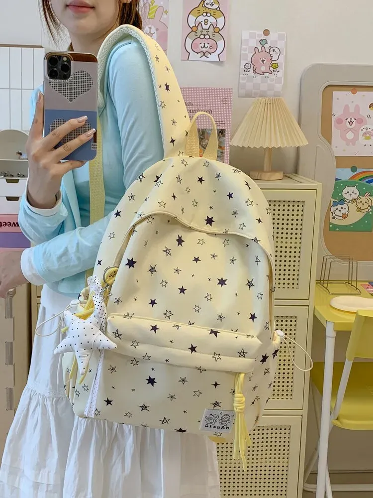 Tas Ransel Wanita Bahan Kain Motif Bintang Warna Biru Bentuk Kotak Tali Lebar Grosir Import