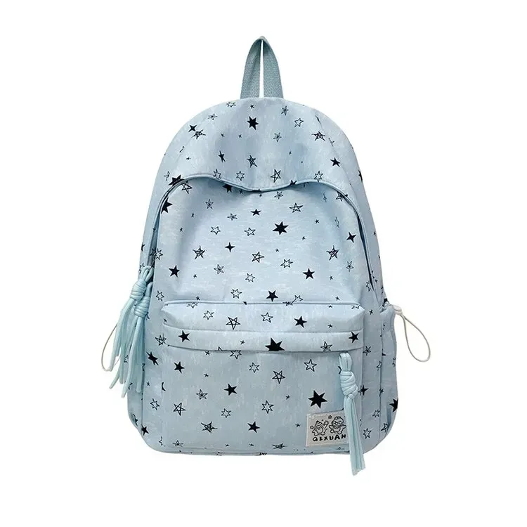 Tas Ransel Wanita Bahan Kain Motif Bintang Warna Biru Bentuk Kotak Tali Lebar Grosir Import