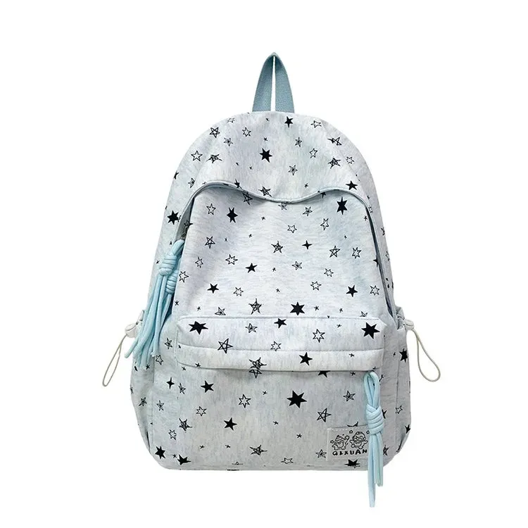 Tas Ransel Wanita Bahan Kain Motif Bintang Warna Biru Bentuk Kotak Tali Lebar Grosir Import