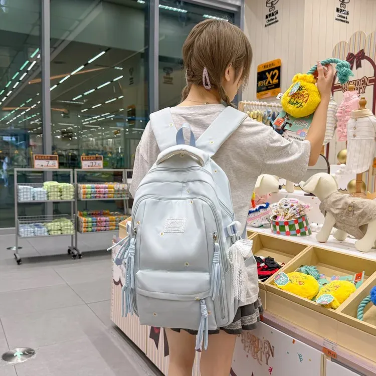 Tas Ransel Wanita Bahan Kain Motif Print Bentuk Kotak Tali Lebar Resleting Grosir Import