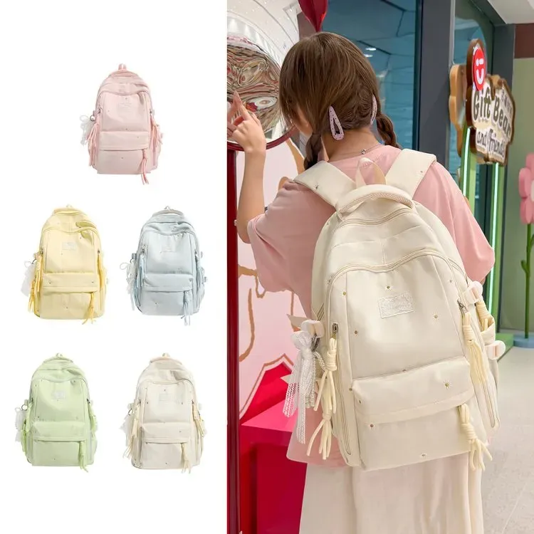 Tas Ransel Wanita Bahan Kain Motif Print Bentuk Kotak Tali Lebar Resleting Grosir Import