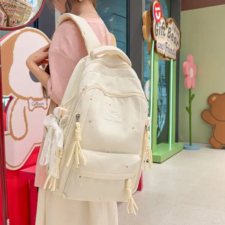 Tas Ransel Wanita Bahan Kain Motif Print Bentuk Kotak Tali Lebar Resleting Grosir Import