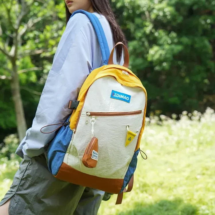 Tas Ransel Wanita Bahan Oxford Motif Print Warna Kuning Bentuk Kotak Tali Lebar Grosir Import