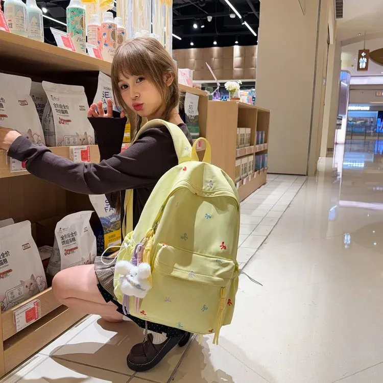 Tas Ransel Wanita Bahan Oxford Motif Print Warna Kuning Bentuk Kotak Tali Lebar Grosir Import