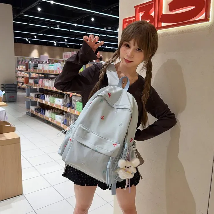 Tas Ransel Wanita Bahan Oxford Motif Print Warna Kuning Bentuk Kotak Tali Lebar Grosir Import