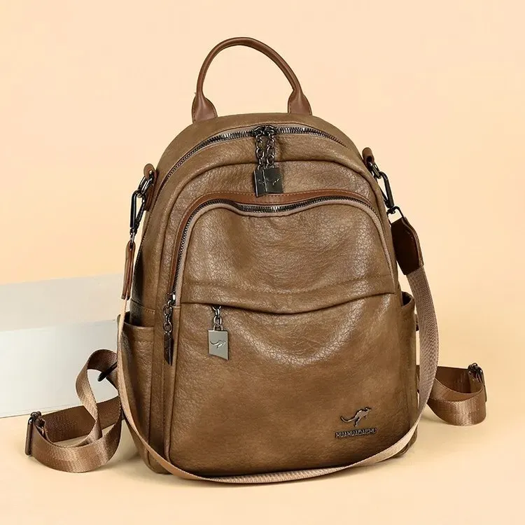 Tas Ransel Wanita Bahan PU Sintetis Polos Bentuk Kotak Tali Lebar Resleting Grosir Import