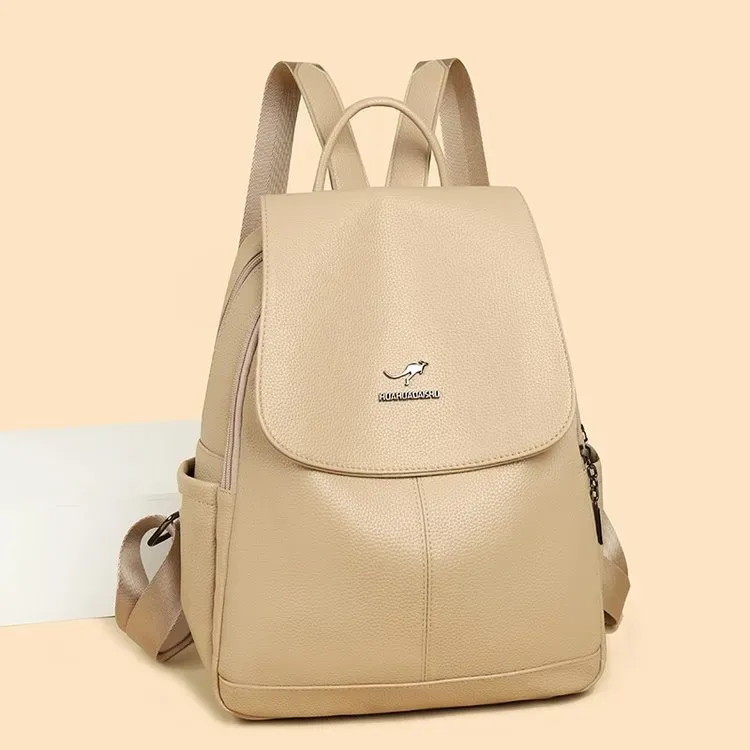 Tas Ransel Wanita Bahan PU Sintetis Polos Bentuk Kotak Tali Lebar Resleting Grosir Import