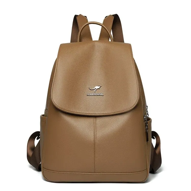 Tas Ransel Wanita Bahan PU Sintetis Polos Bentuk Kotak Tali Lebar Resleting Grosir Import