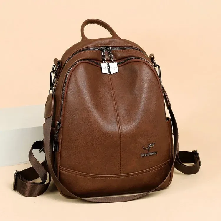 Tas Ransel Wanita Bahan PU Sintetis Polos Bentuk Kotak Tali Lebar Resleting Grosir Import