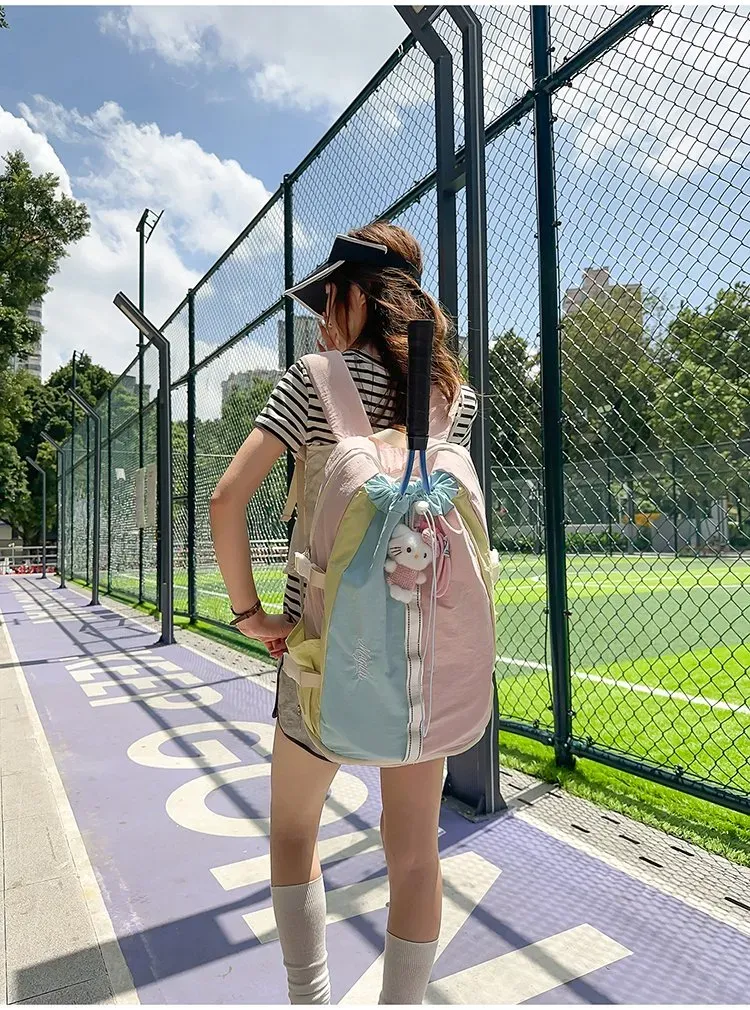 Tas Ransel Wanita Bahan Nylon Polos Warna Abu-Abu Bentuk Kotak Tali Lebar Dengan Gantungan