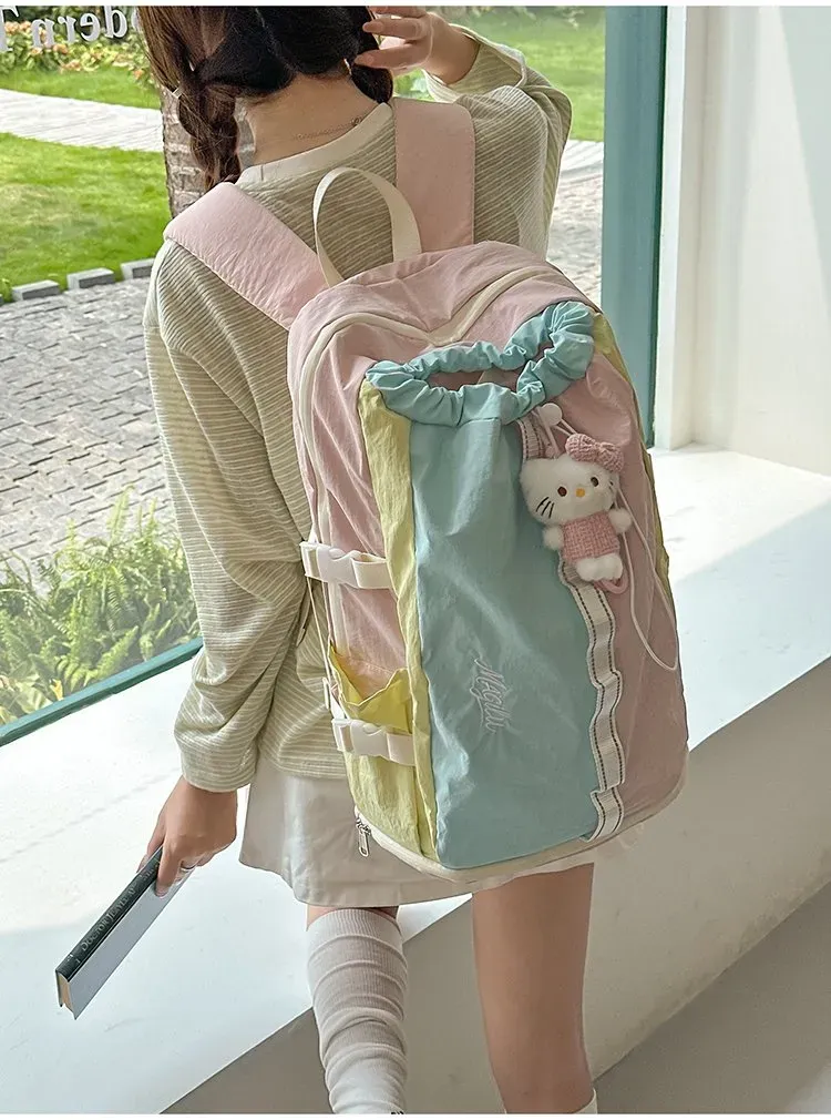 Tas Ransel Wanita Bahan Nylon Polos Warna Abu-Abu Bentuk Kotak Tali Lebar Dengan Gantungan