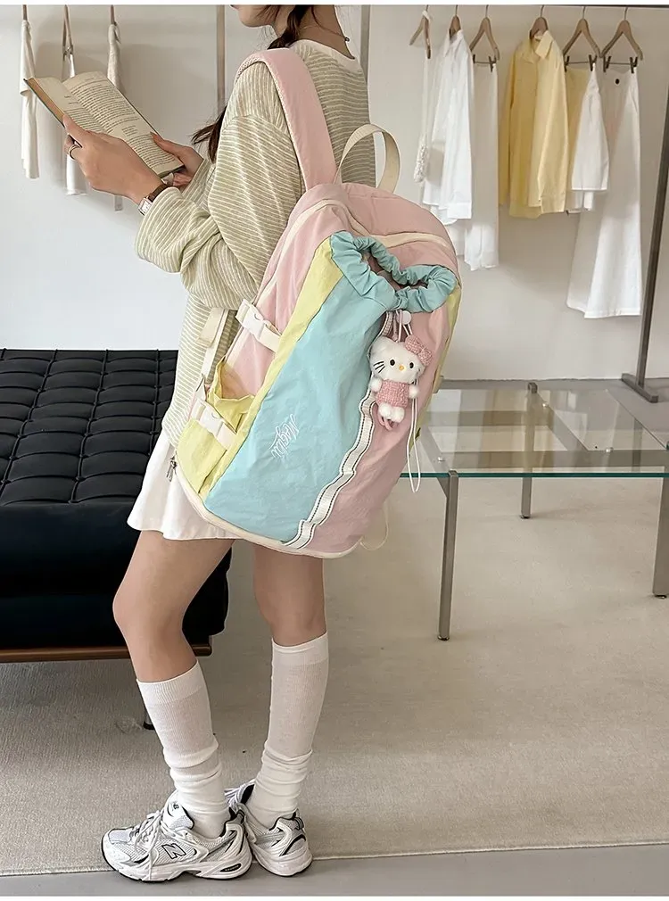 Tas Ransel Wanita Bahan Nylon Polos Warna Abu-Abu Bentuk Kotak Tali Lebar Dengan Gantungan