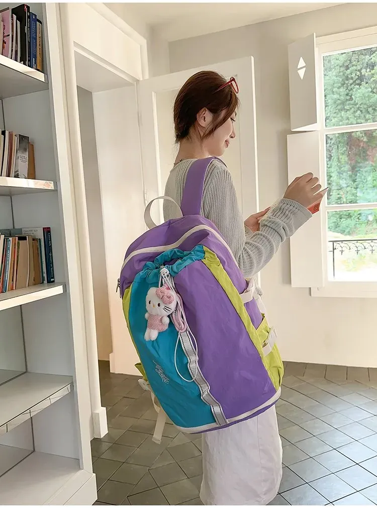 Tas Ransel Wanita Bahan Nylon Polos Warna Abu-Abu Bentuk Kotak Tali Lebar Dengan Gantungan