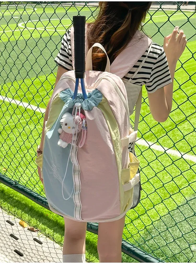 Tas Ransel Wanita Bahan Nylon Polos Warna Abu-Abu Bentuk Kotak Tali Lebar Dengan Gantungan
