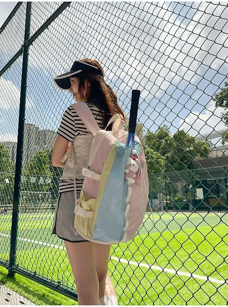 Tas Ransel Wanita Bahan Nylon Polos Warna Abu-Abu Bentuk Kotak Tali Lebar Dengan Gantungan