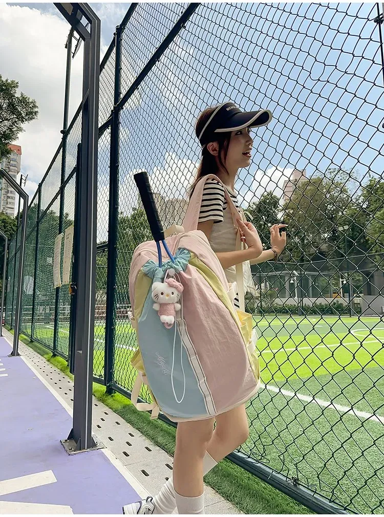 Tas Ransel Wanita Bahan Nylon Polos Warna Abu-Abu Bentuk Kotak Tali Lebar Dengan Gantungan