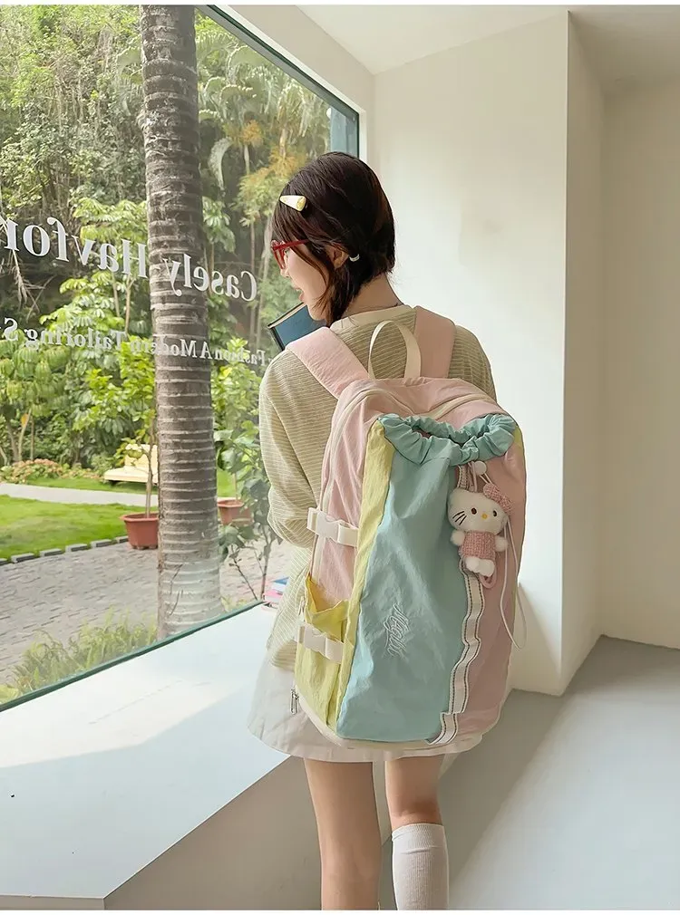 Tas Ransel Wanita Bahan Nylon Polos Warna Abu-Abu Bentuk Kotak Tali Lebar Dengan Gantungan